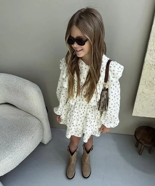 Girls autumn floral lace long sleeve shirt and tiered skirt two-piece cotton set for 90-140cm height