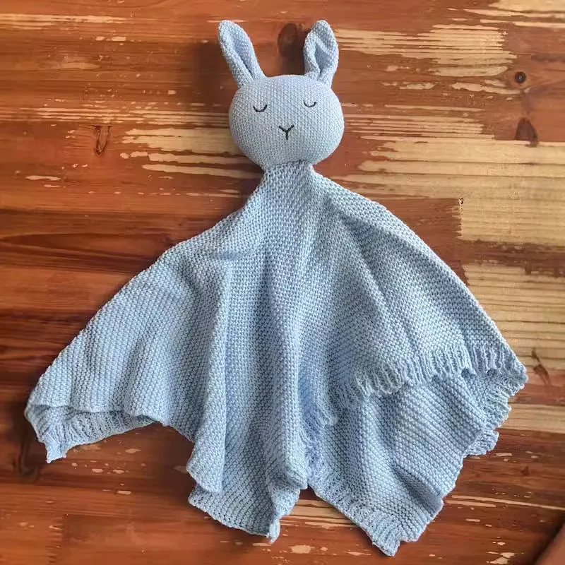 Cotton knitted rabbit toy appeasing towel 40x40cm sky blue colour for infants