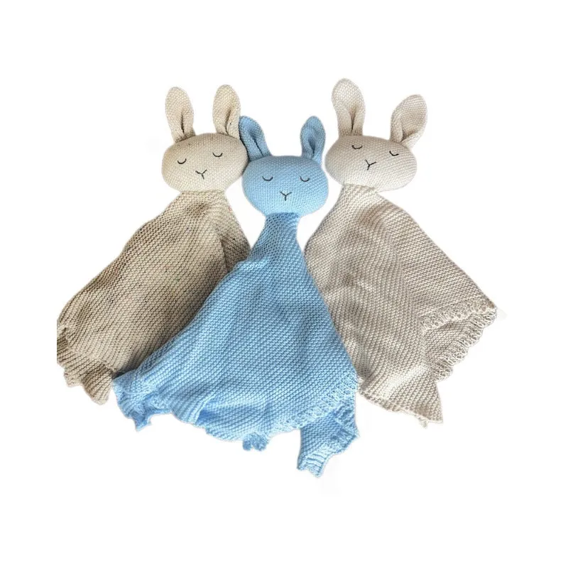 Cotton knitted rabbit toy appeasing towel 40x40cm sky blue colour for infants