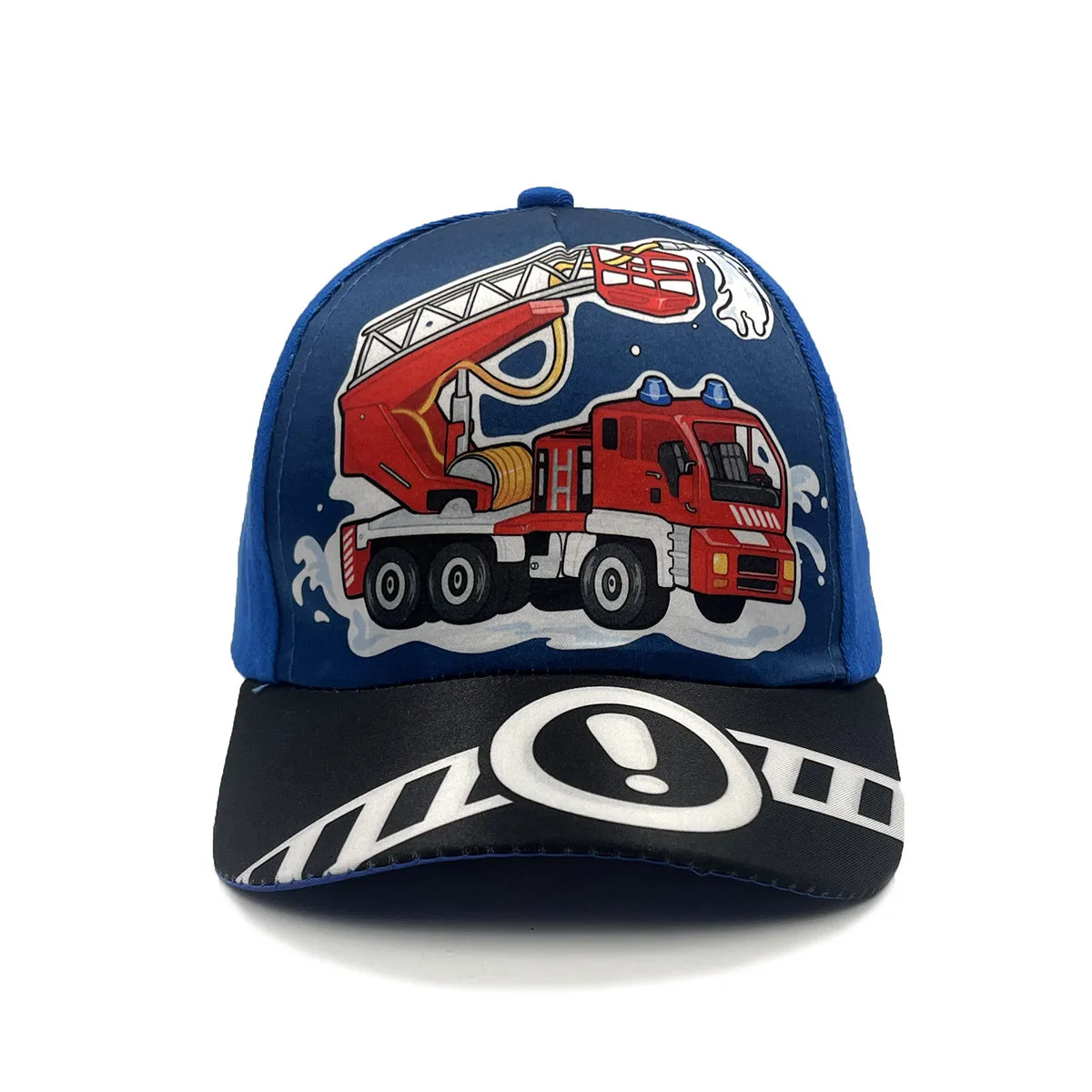 Cartoon children's baseball cap with orange excavator print on a light blue background