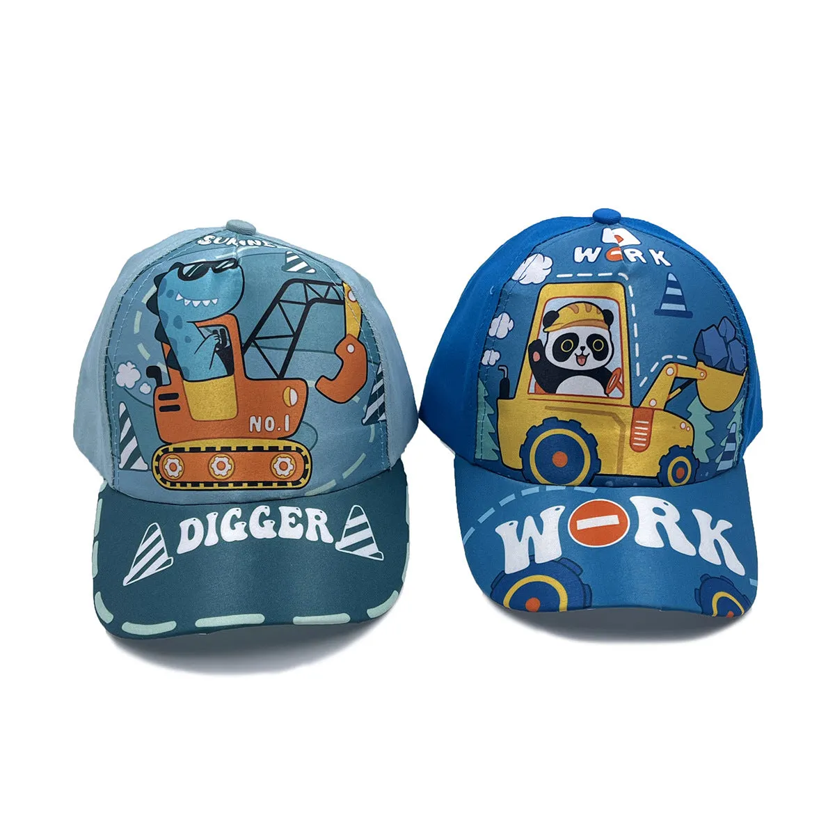 Cartoon children's baseball cap with orange excavator print on a light blue background