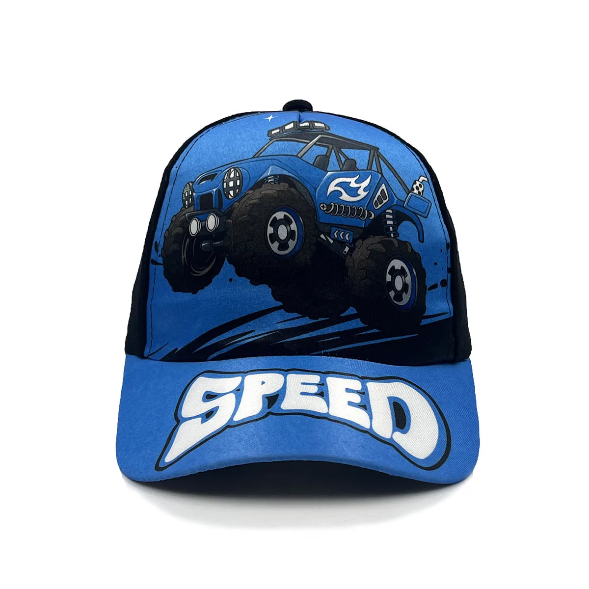 Cartoon children's baseball cap with orange excavator print on a light blue background