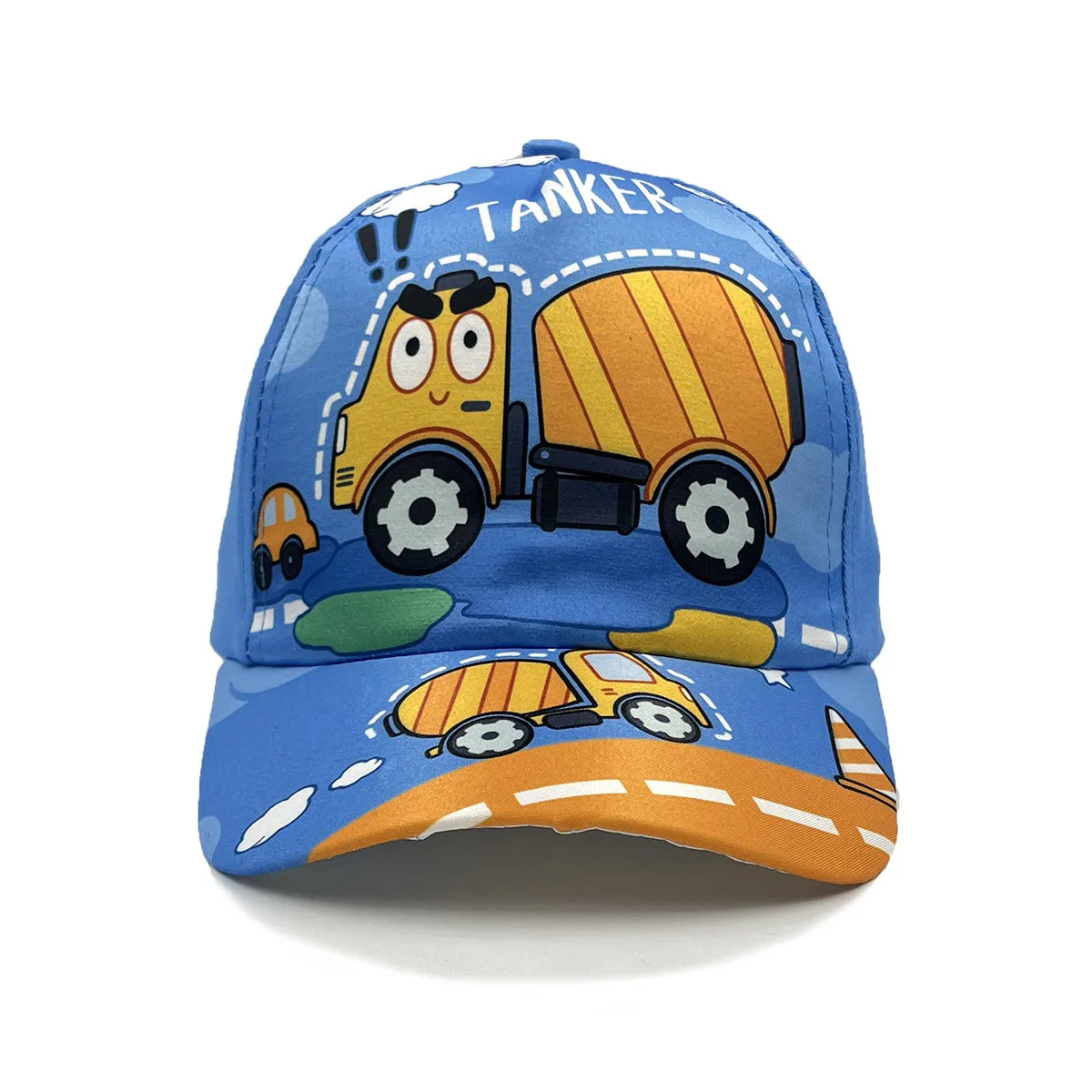 Cartoon children's baseball cap with orange excavator print on a light blue background