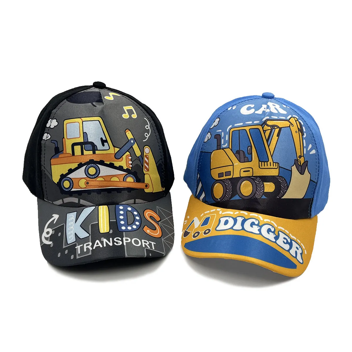 Cartoon children's baseball cap with orange excavator print on a light blue background