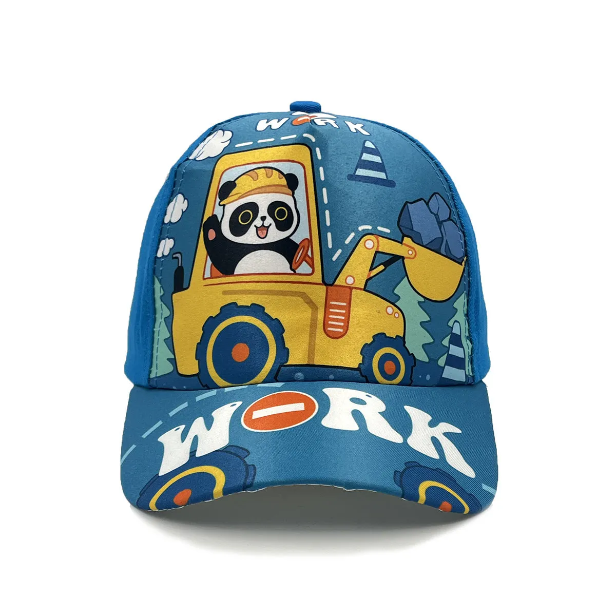 Cartoon children's baseball cap with orange excavator print on a light blue background