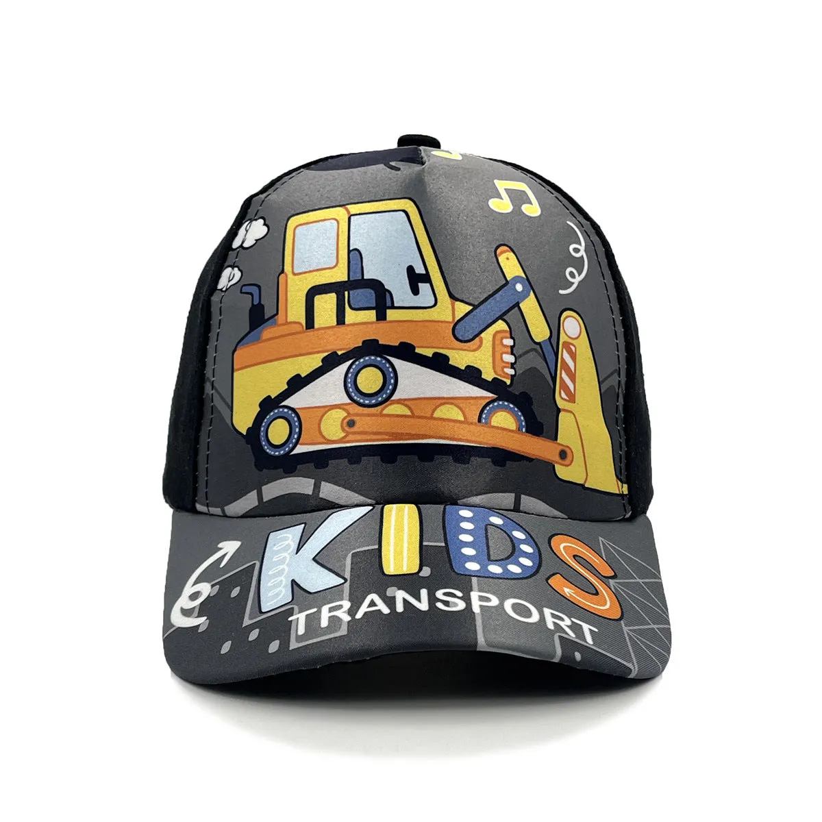 Cartoon children's baseball cap with orange excavator print on a light blue background