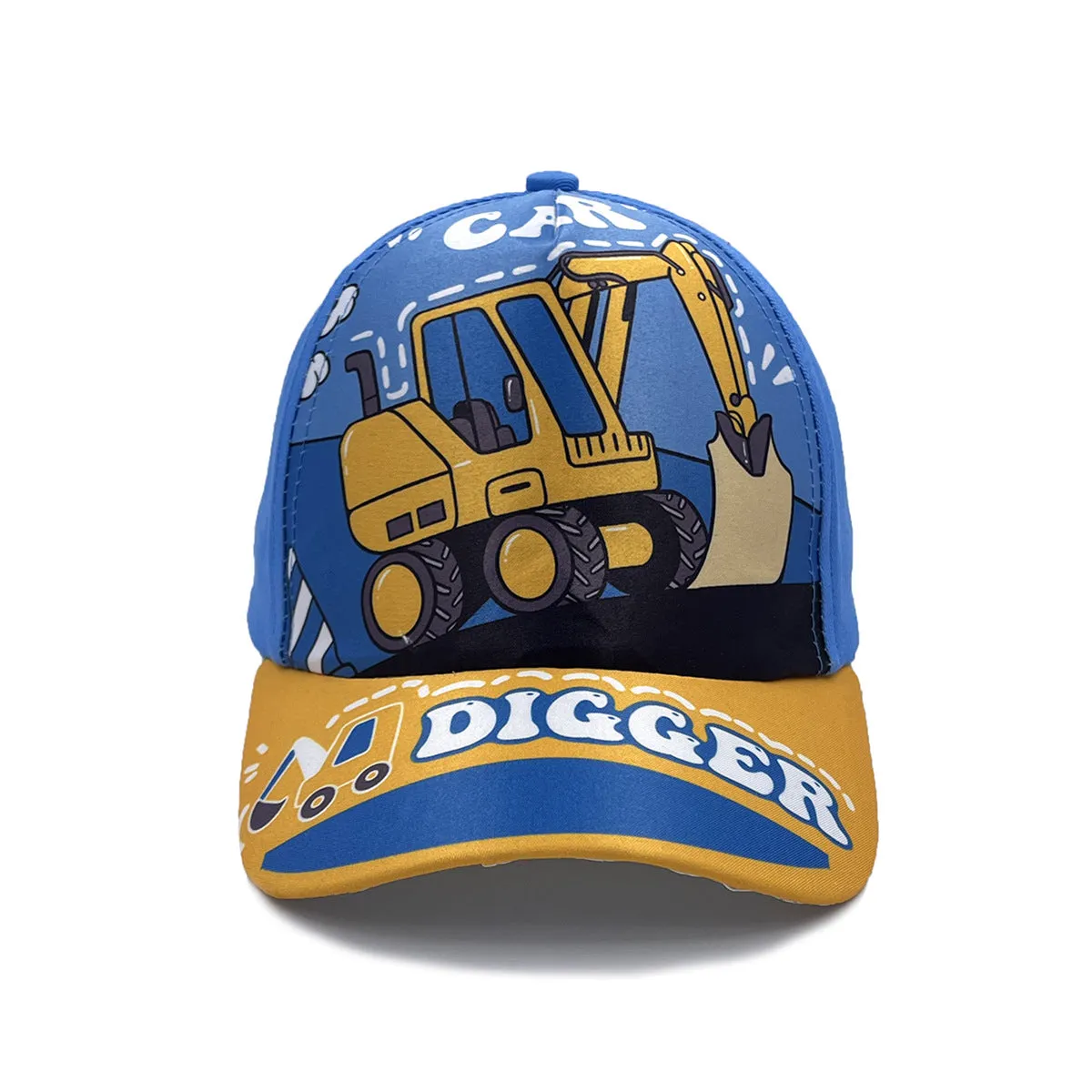 Cartoon children's baseball cap with orange excavator print on a light blue background