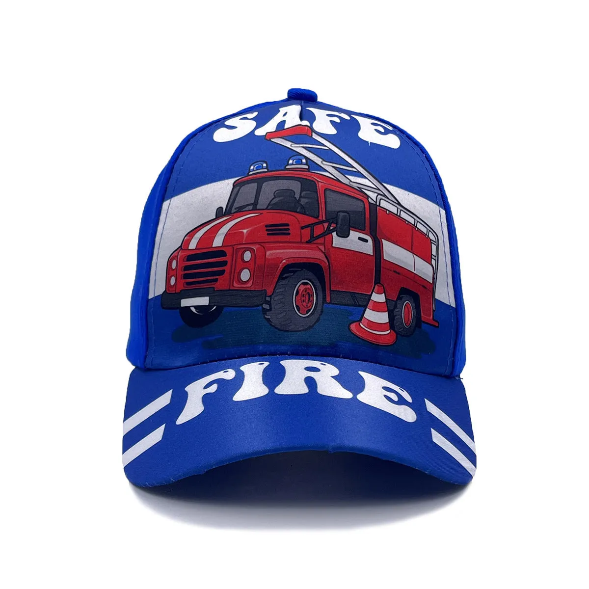 Cartoon children's baseball cap with orange excavator print on a light blue background
