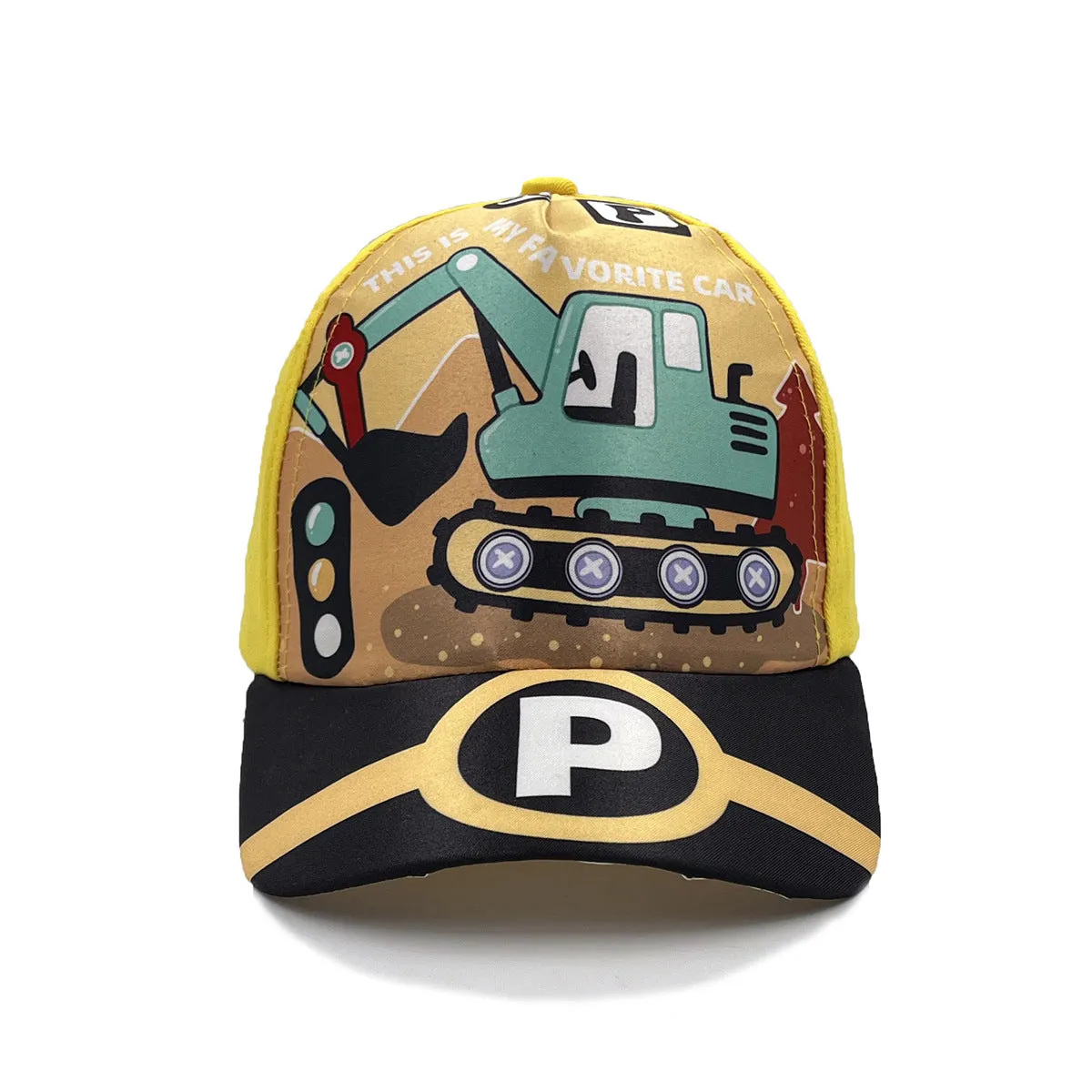 Cartoon children's baseball cap with orange excavator print on a light blue background