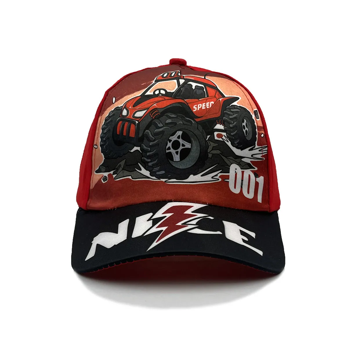 Cartoon children's baseball cap with orange excavator print on a light blue background