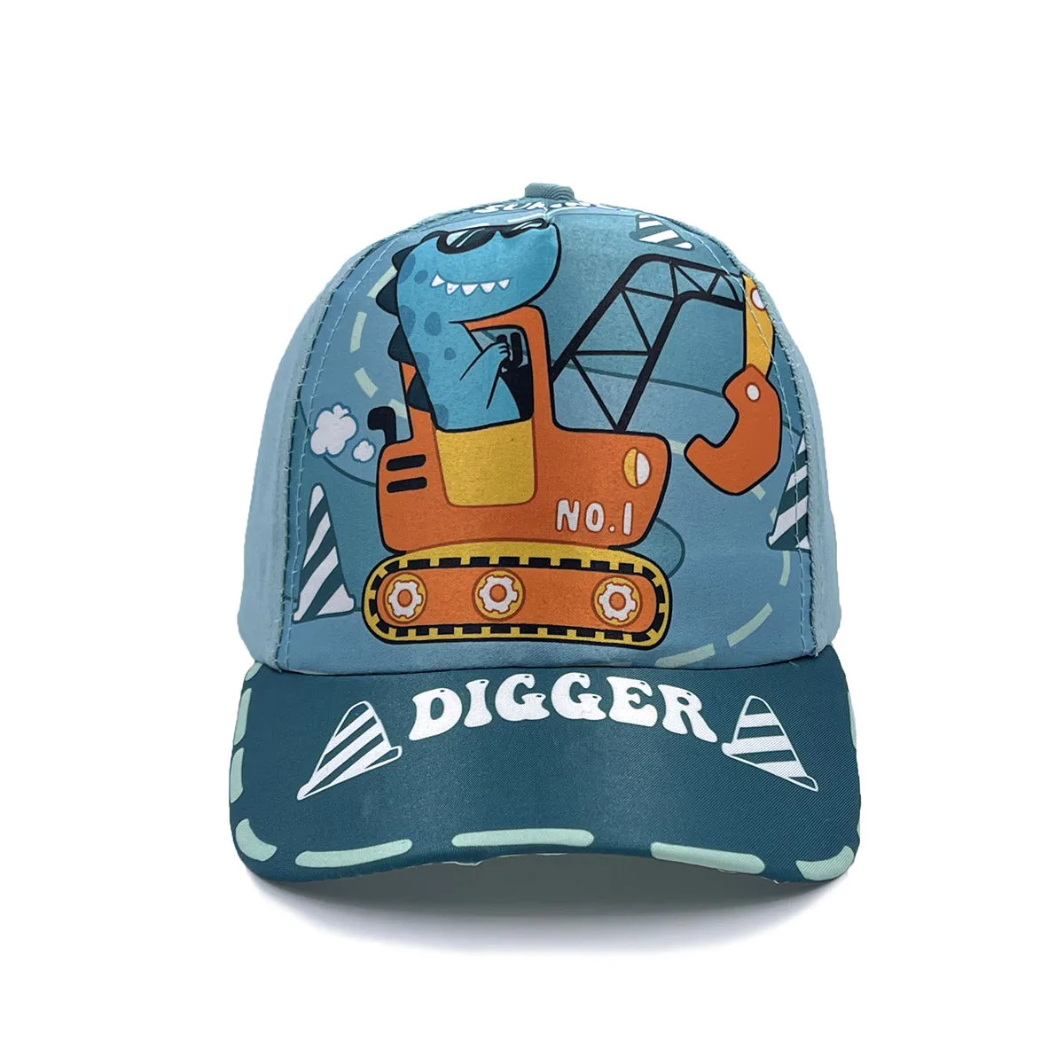 Cartoon children's baseball cap with orange excavator print on a light blue background