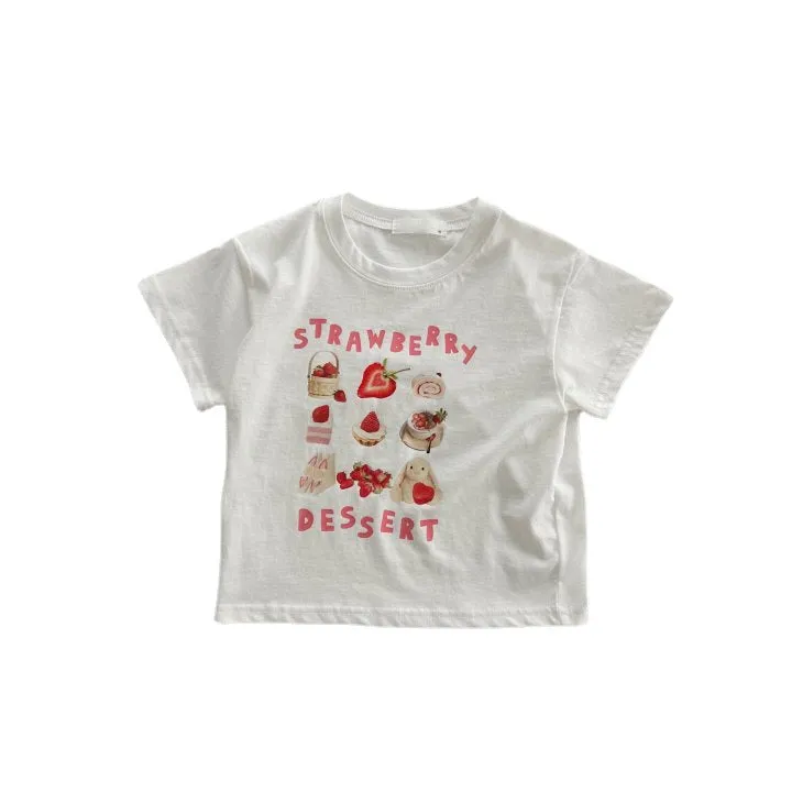 Children's short sleeve cotton t-shirt with cartoon strawberry food pattern in white and brown, size 100cm