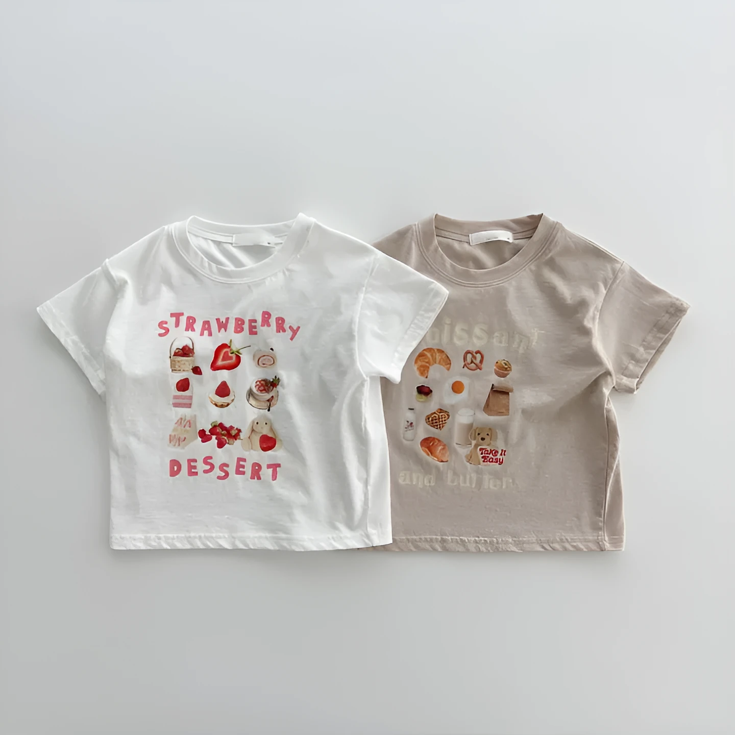 Children's short sleeve cotton t-shirt with cartoon strawberry food pattern in white and brown, size 100cm