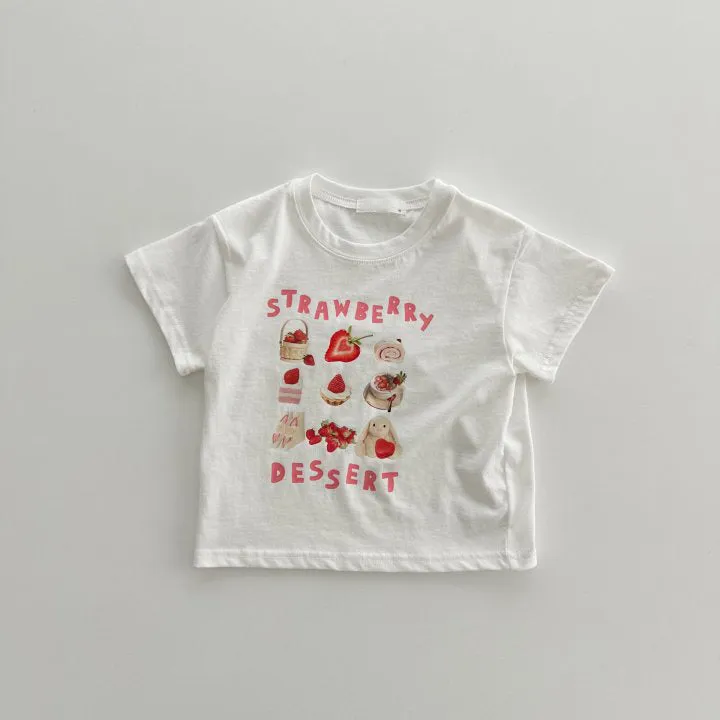 Children's short sleeve cotton t-shirt with cartoon strawberry food pattern in white and brown, size 100cm
