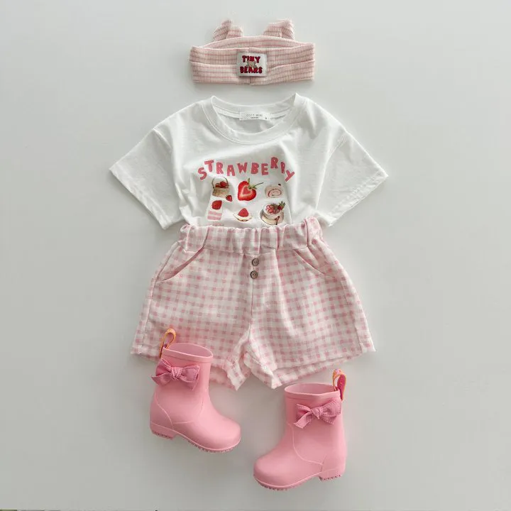 Children's short sleeve cotton t-shirt with cartoon strawberry food pattern in white and brown, size 100cm