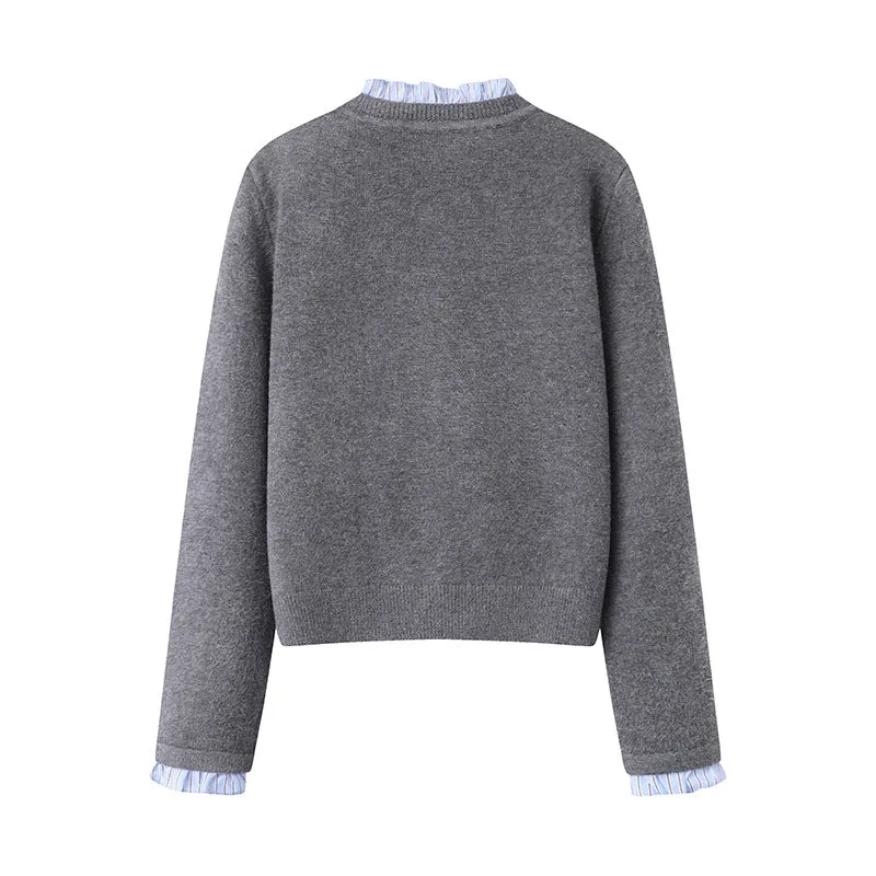 Women's pleated lace collar sweater coat in navy blue, acrylic knit, long sleeves