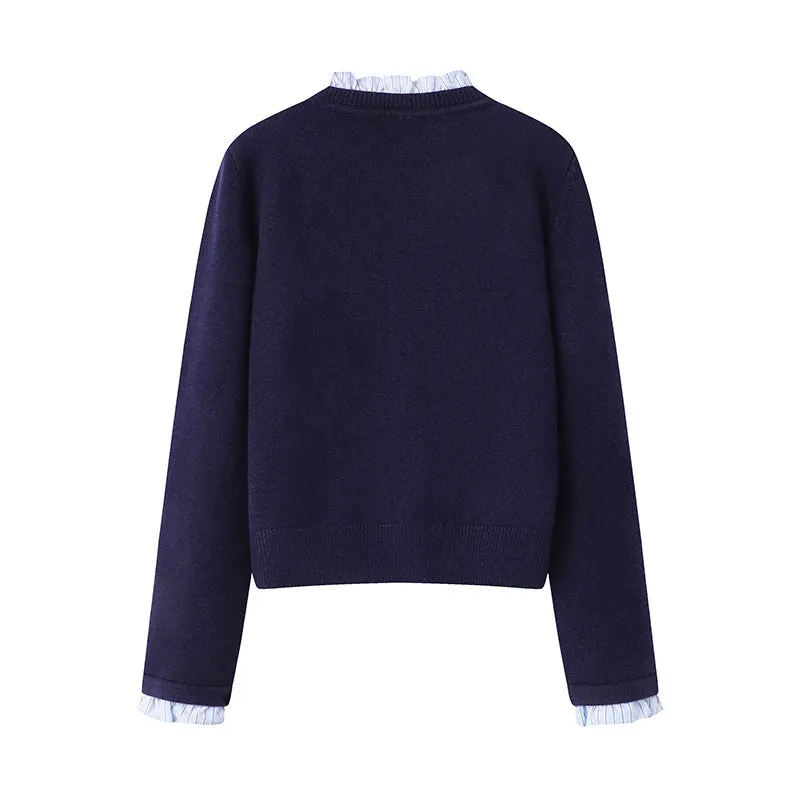 Women's pleated lace collar sweater coat in navy blue, acrylic knit, long sleeves