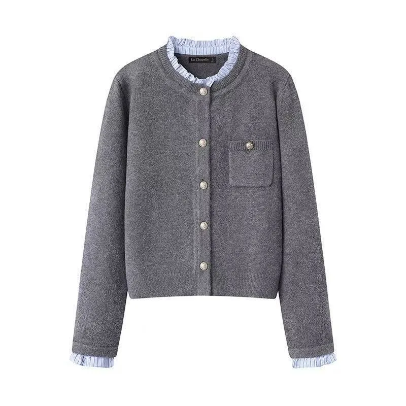 Women's pleated lace collar sweater coat in navy blue, acrylic knit, long sleeves
