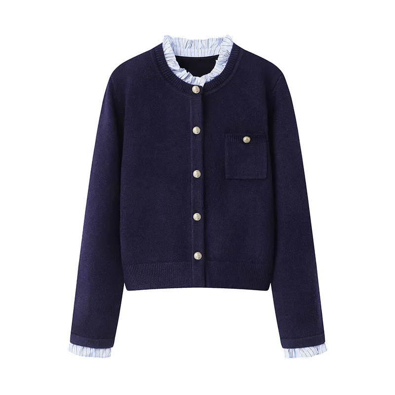 Women's pleated lace collar sweater coat in navy blue, acrylic knit, long sleeves