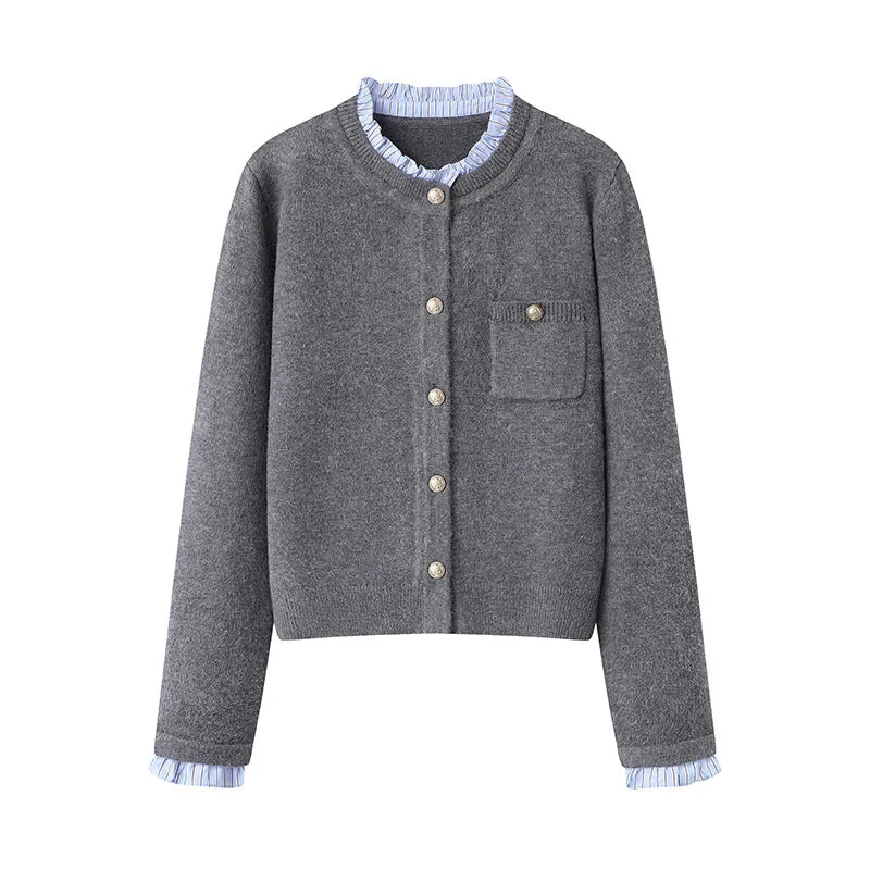 Women's pleated lace collar sweater coat in navy blue, acrylic knit, long sleeves
