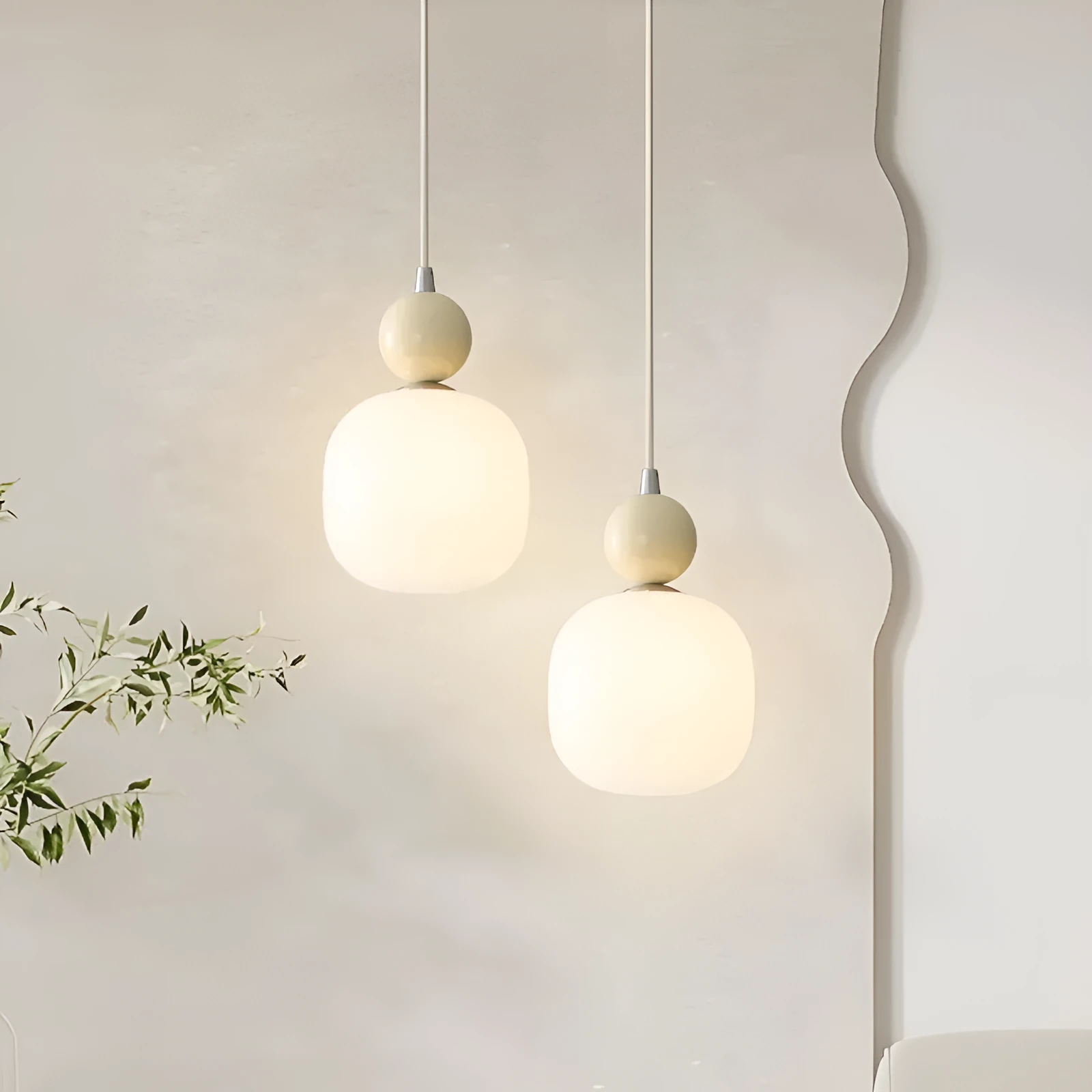 Cream-coloured minimalist wrought iron LED pendant lamp for bedside or study with warm light option