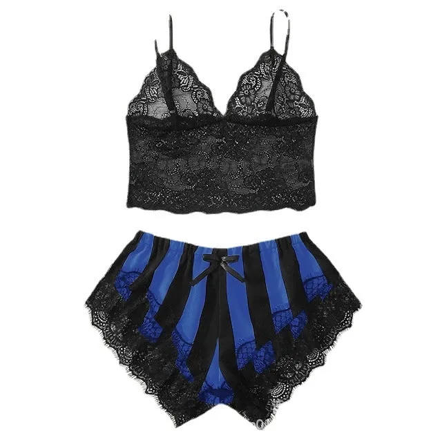 Women's lace home striped underwear set with black and white bra and shorts in spandex