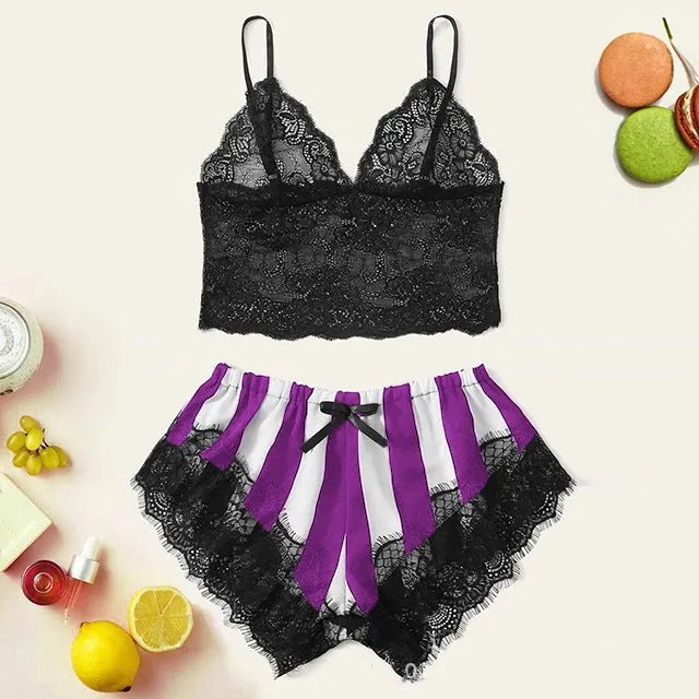 Women's lace home striped underwear set with black and white bra and shorts in spandex