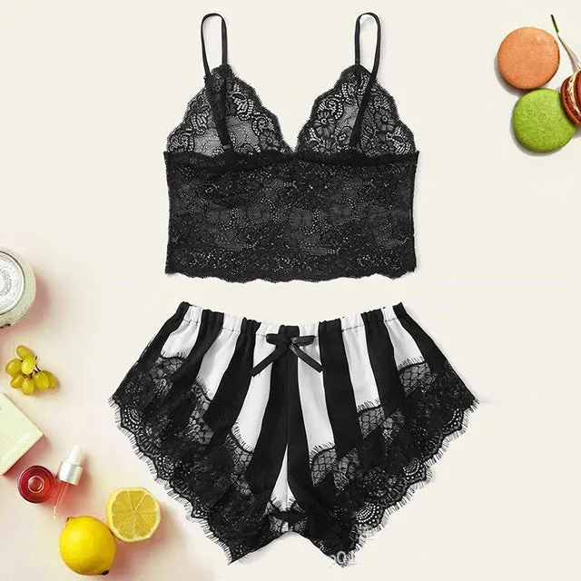 Women's lace home striped underwear set with black and white bra and shorts in spandex