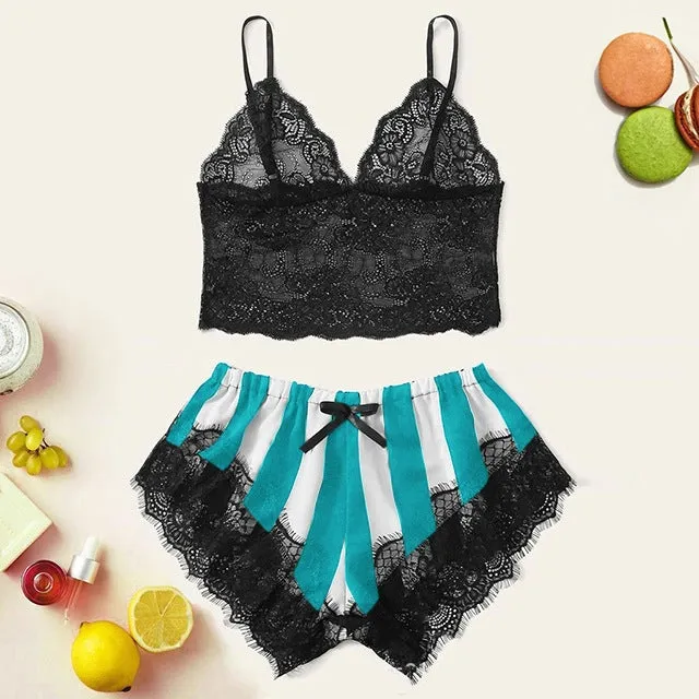 Women's lace home striped underwear set with black and white bra and shorts in spandex