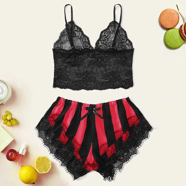 Women's lace home striped underwear set with black and white bra and shorts in spandex