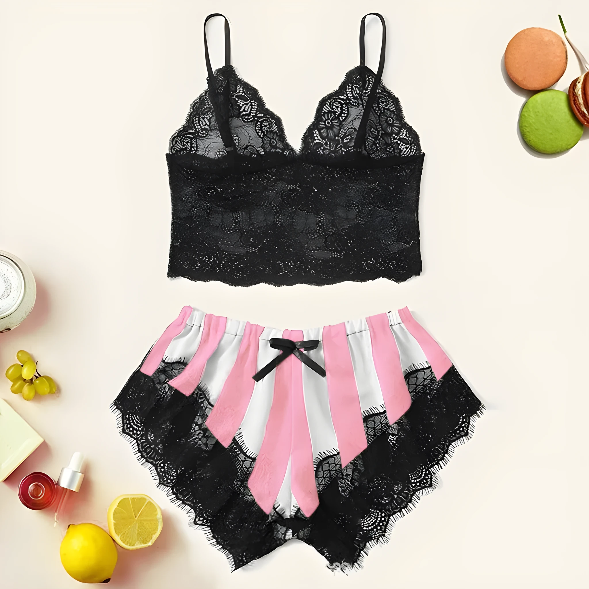 Women's lace home striped underwear set with black and white bra and shorts in spandex