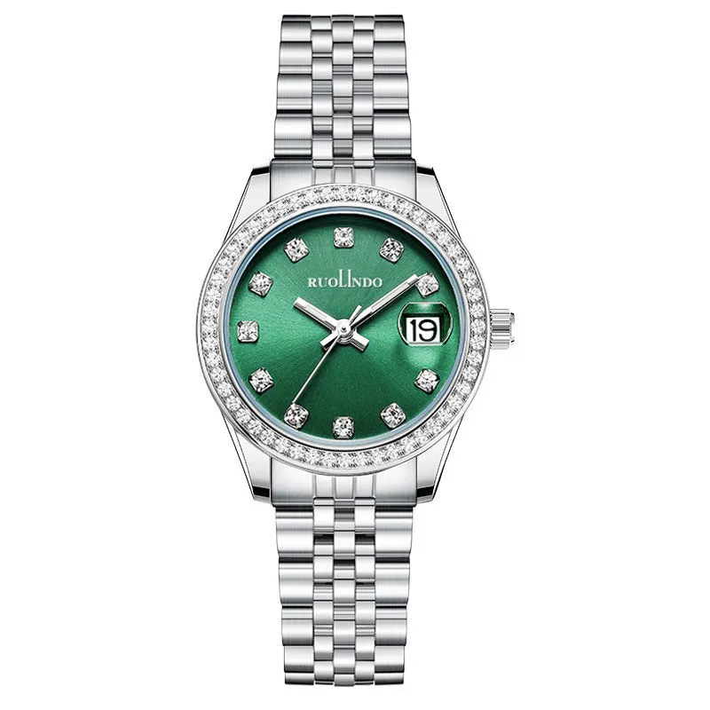 Women's silver fashion watch with quartz movement and 32mm dial on alloy strap