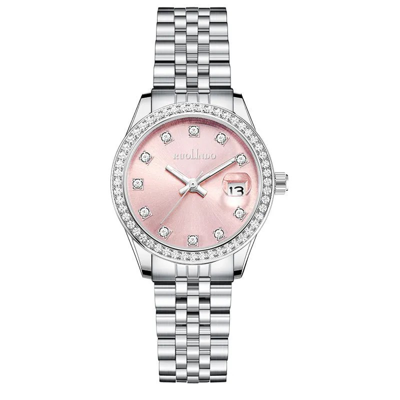 Women's silver fashion watch with quartz movement and 32mm dial on alloy strap