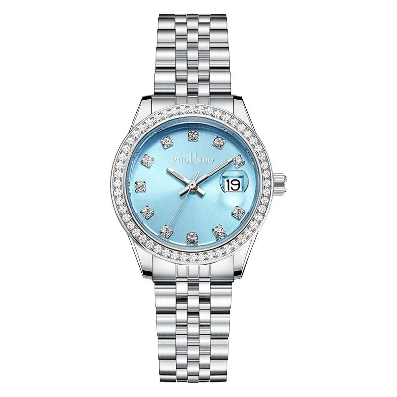 Women's silver fashion watch with quartz movement and 32mm dial on alloy strap
