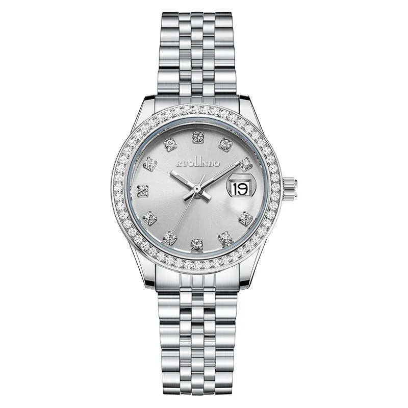 Women's silver fashion watch with quartz movement and 32mm dial on alloy strap
