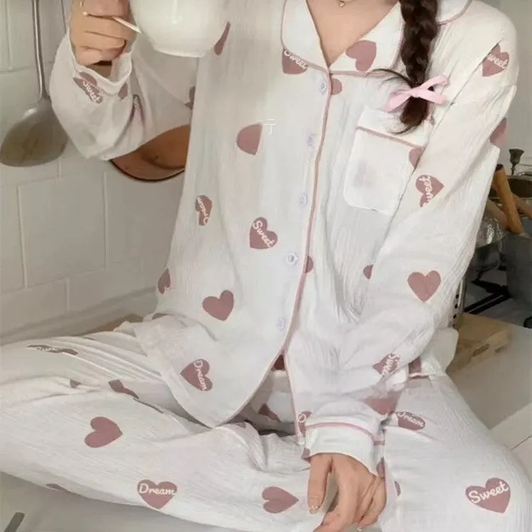 Sweet And Simple Cardigan Pajamas in cloud cotton with cartoon print, long sleeves, and matching trousers