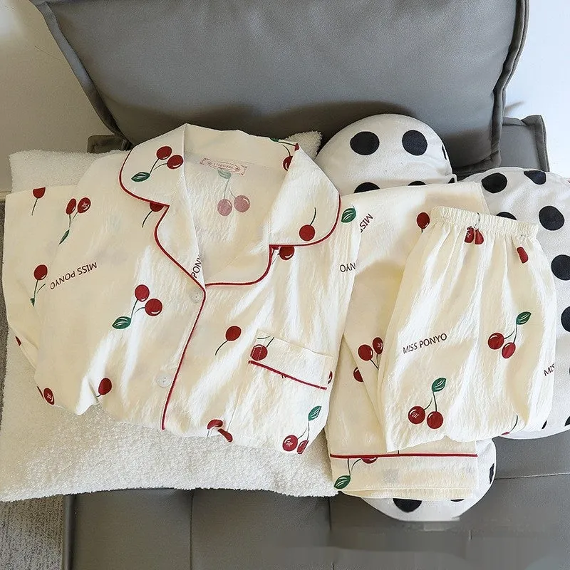 Sweet And Simple Cardigan Pajamas in cloud cotton with cartoon print, long sleeves, and matching trousers