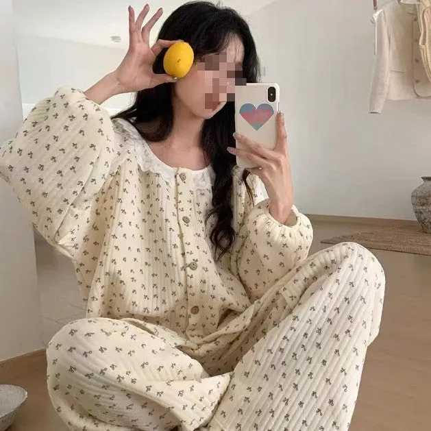 Sweet And Simple Cardigan Pajamas in cloud cotton with cartoon print, long sleeves, and matching trousers