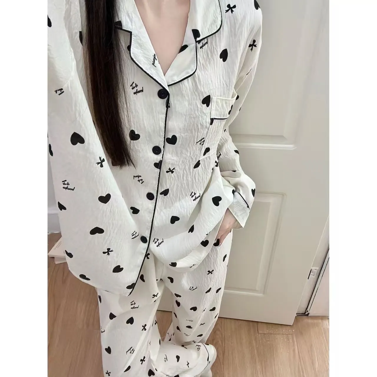 Sweet And Simple Cardigan Pajamas in cloud cotton with cartoon print, long sleeves, and matching trousers
