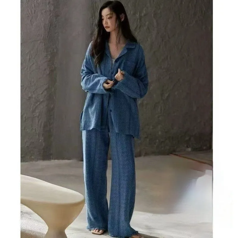 Sweet And Simple Cardigan Pajamas in cloud cotton with cartoon print, long sleeves, and matching trousers