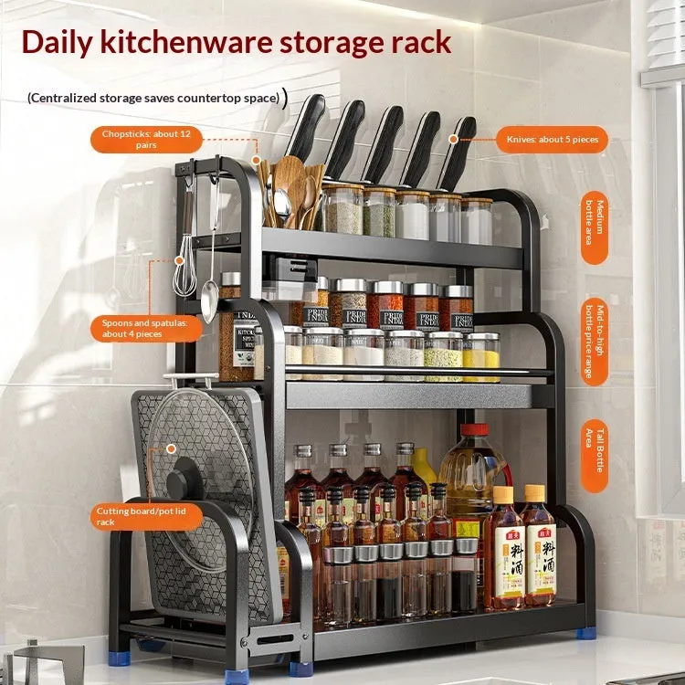 Carbon steel kitchen floor storage rack with knife holder, chopsticks holder, cutting board holder, and six hooks in a modern style