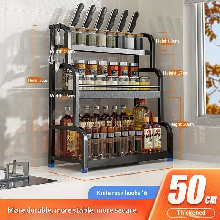 Carbon steel kitchen floor storage rack with knife holder, chopsticks holder, cutting board holder, and six hooks in a modern style