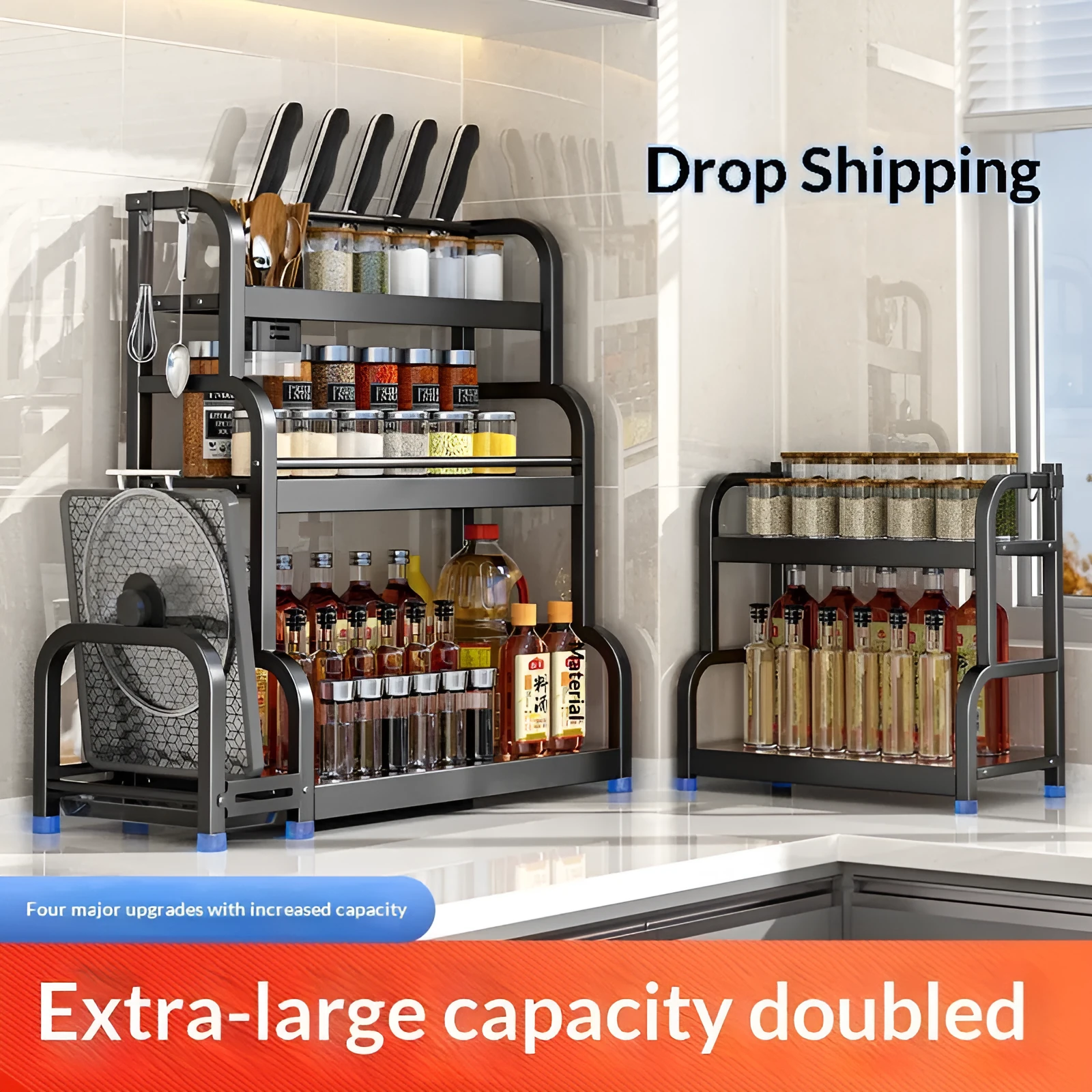 Carbon steel kitchen floor storage rack with knife holder, chopsticks holder, cutting board holder, and six hooks in a modern style