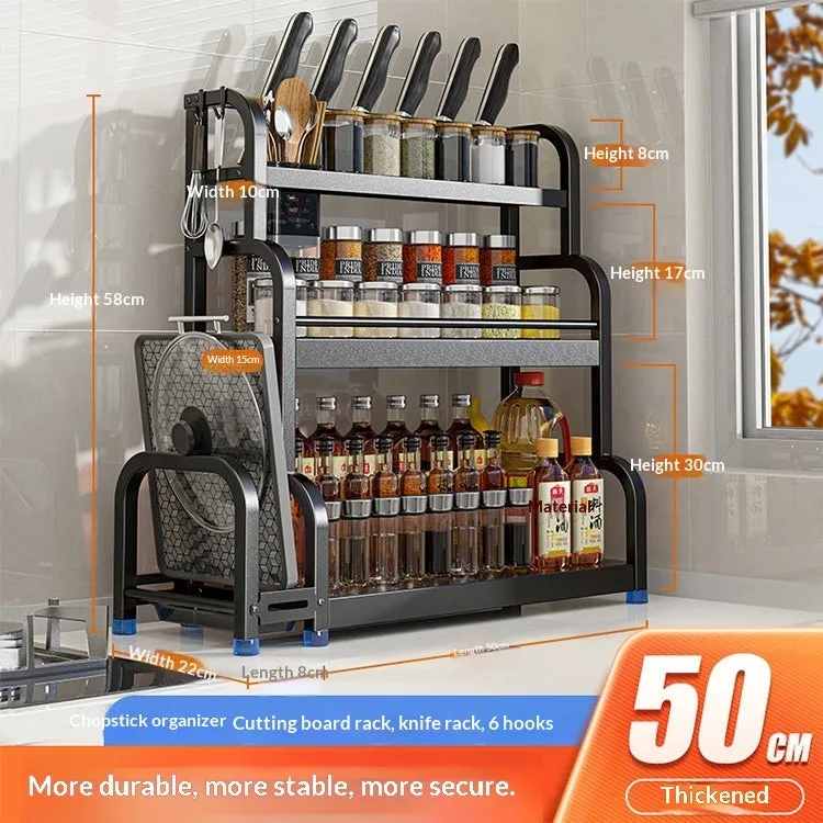 Carbon steel kitchen floor storage rack with knife holder, chopsticks holder, cutting board holder, and six hooks in a modern style