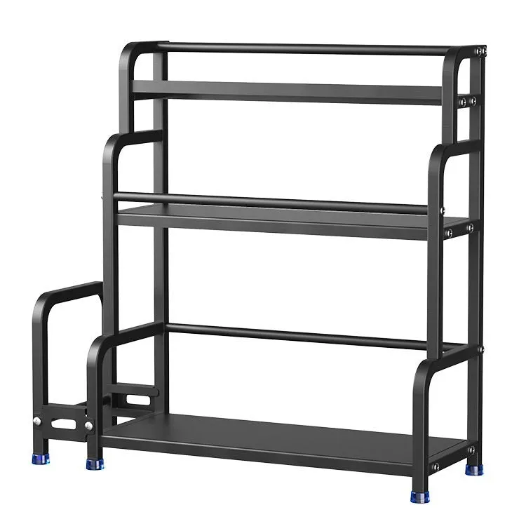 Carbon steel kitchen floor storage rack with knife holder, chopsticks holder, cutting board holder, and six hooks in a modern style