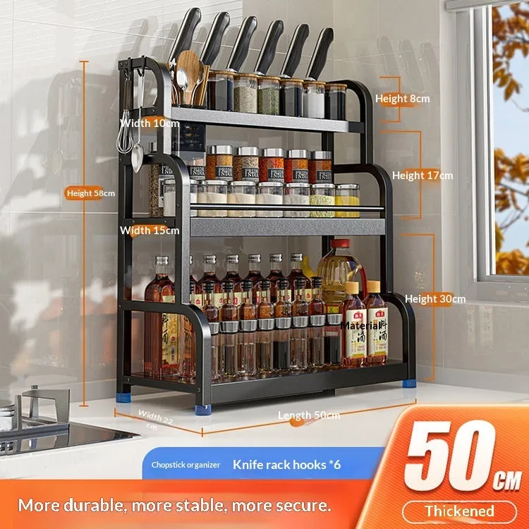 Carbon steel kitchen floor storage rack with knife holder, chopsticks holder, cutting board holder, and six hooks in a modern style