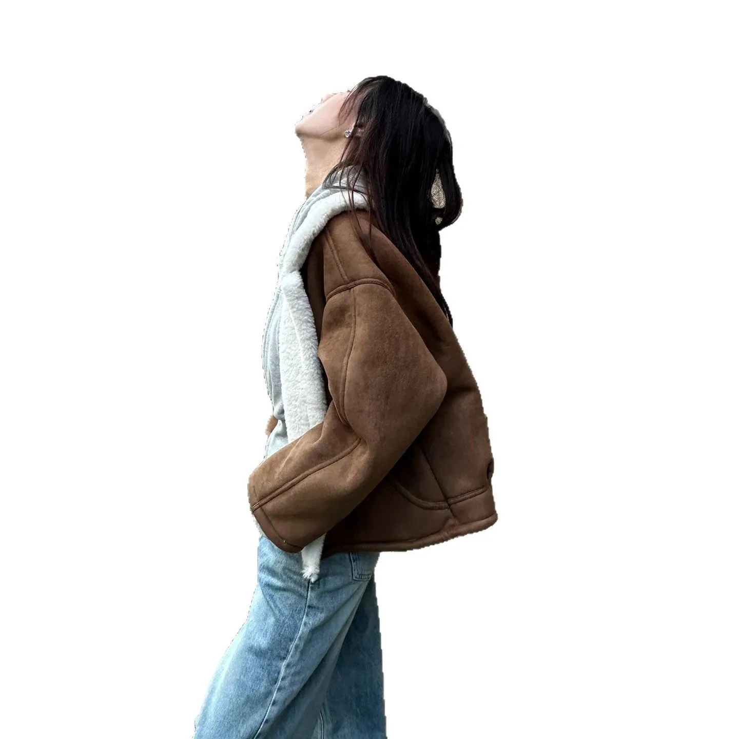 Fleece-lined short padded jacket for women in brown composite fleece with distressed details, loose fit