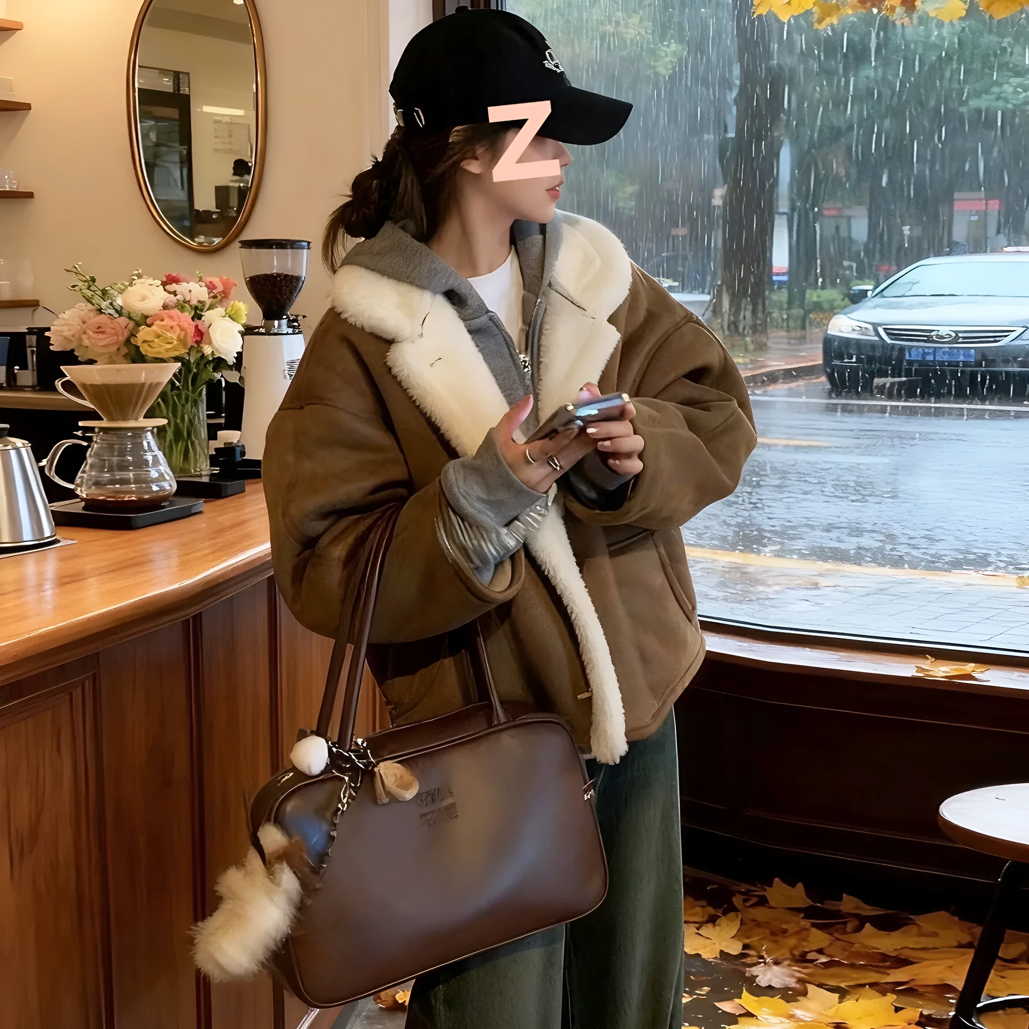 Fleece-lined short padded jacket for women in brown composite fleece with distressed details, loose fit