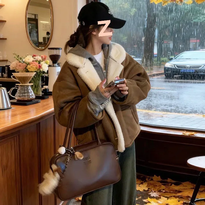 Fleece-lined short padded jacket for women in brown composite fleece with distressed details, loose fit