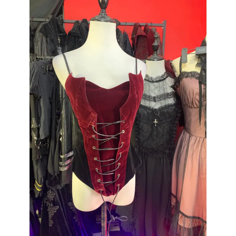 Red Gothic waist-cinching slimming camisole solid colour round neck short sleeve vest top for women